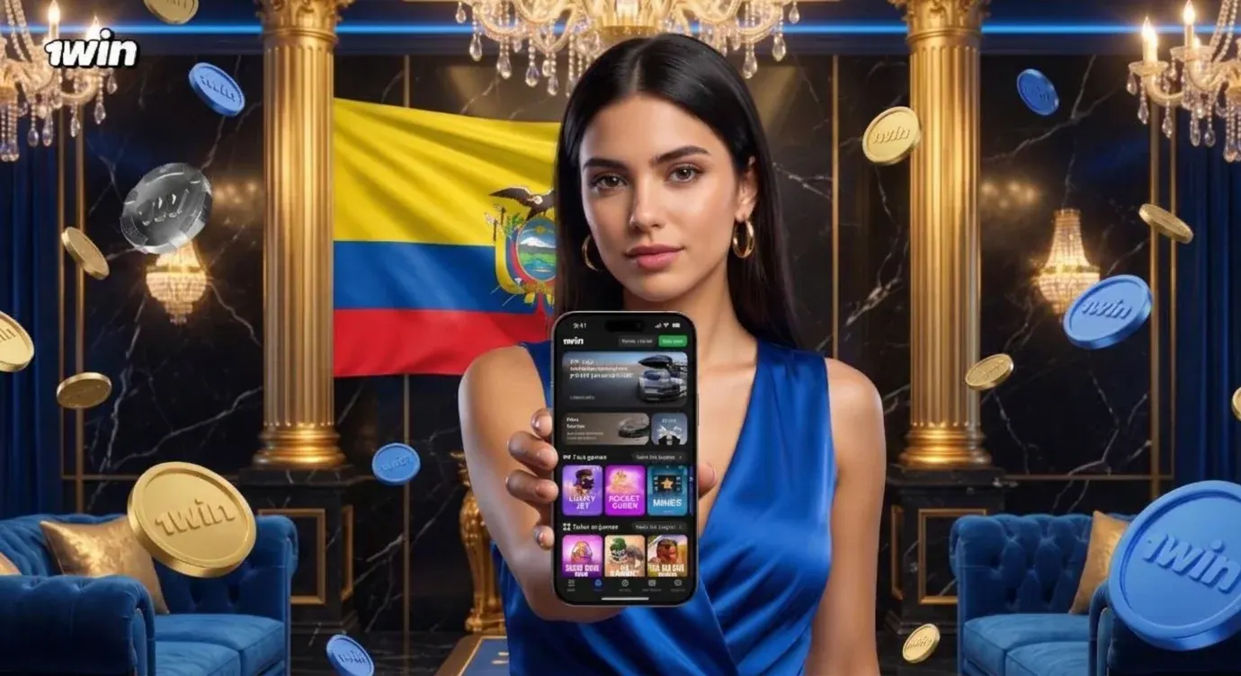 Mujer con vestido azul sostiene un celular con la app de 1win en un salón con columnas doradas, mármol negro, candelabros, la bandera de Ecuador y monedas de 1win